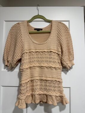 Boston Proper Peach Knit Puff-Sleeve Sweater Top